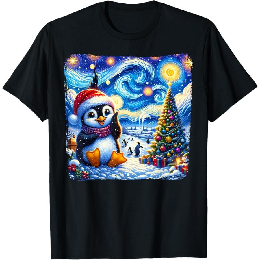 Van Gogh Starry Night Christmas Penguin Winter Snowy Night T-Shirt S