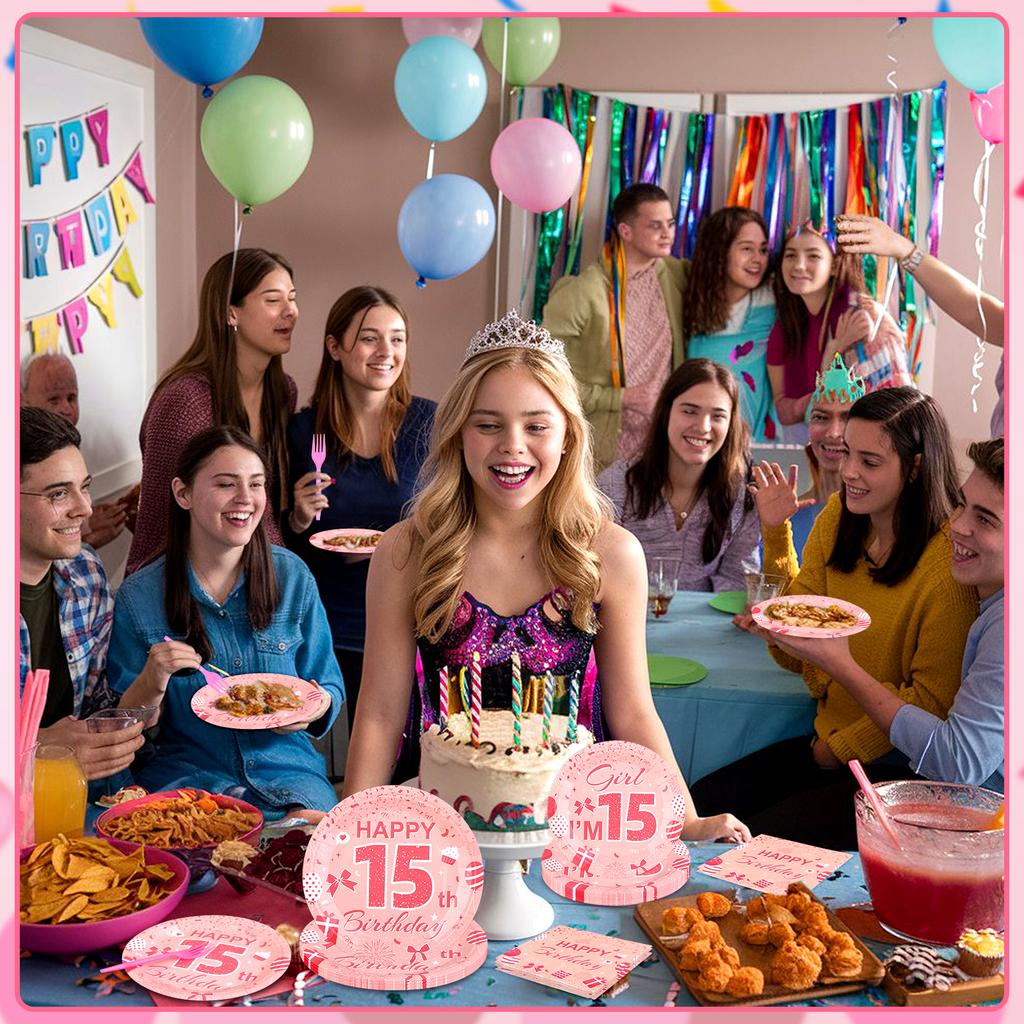 96 Pcs Pink 15Th Birthday Party Plates For Girls 15 Birthday Paper Plates Napkins Disposable Supplies Decorations Tableware Set F