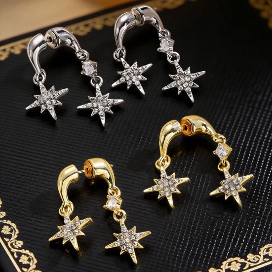 1 Paire Boucles d'Oreilles Femme Double Étoile à Huit Branches Pendentif Strass Incrusté Boucle d'Oreille à Tige Design Boucles d'Oreilles Pendantes Bijoux Cadeau