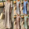 Stand Collar V-neck Maxi Dress Long Sleeve High Waist Ankle Length Bohemia Print Ruffle Large Hem Dress