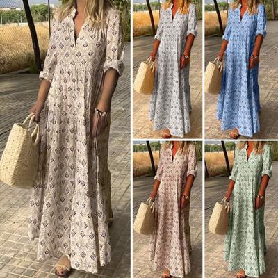 Maxikleid mit Stehkragen, V-Ausschnitt, langen Ärmeln, hoher Taille, knöchellang, Böhmen-Print, Rüschen, großem Saum
