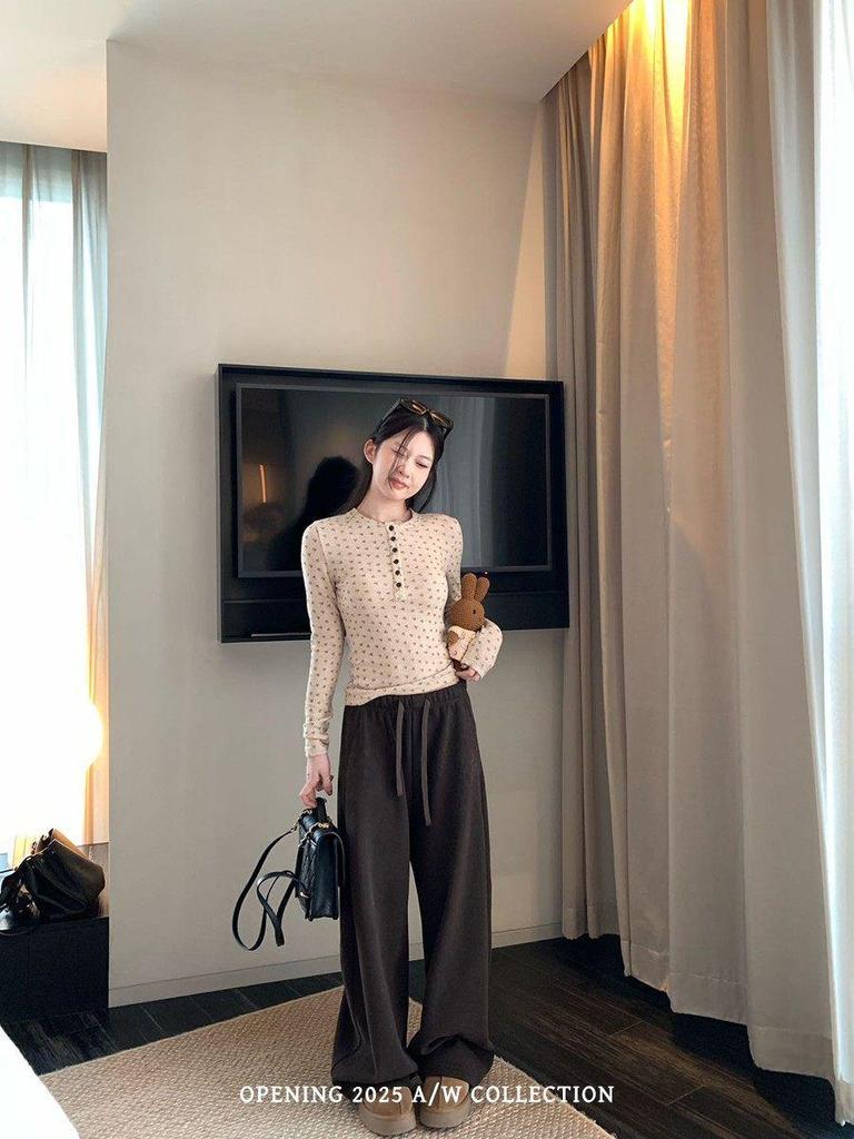 Korean Retro Floral Henley Long Sleeve Slim Fit Women's Top for Autumn/Winter