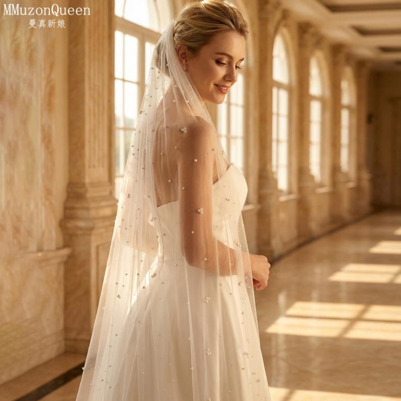 Einstufiger Tüll-Brautschleier mit Perlenbesatz und Metallkamm, 100 cm/200 cm lang, Weißer Hochzeitschleier für Braut, Elopement, Hochzeitsporträt, Fotoshooting