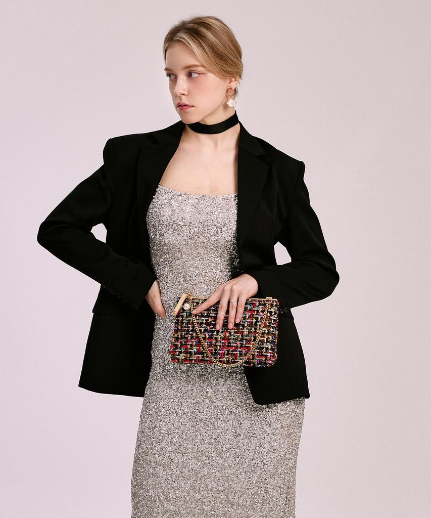 Jina In Ny 4-Way Top Zip Clutch Tweed Combo [Black Tweed]