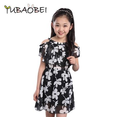 Chiffon Mädchen Kleid Sommer Teen Schulterfrei Mädchen Kurzarm Kleider Blume Prinzessin Party Schwarzes Kleid Kinderkleidung
