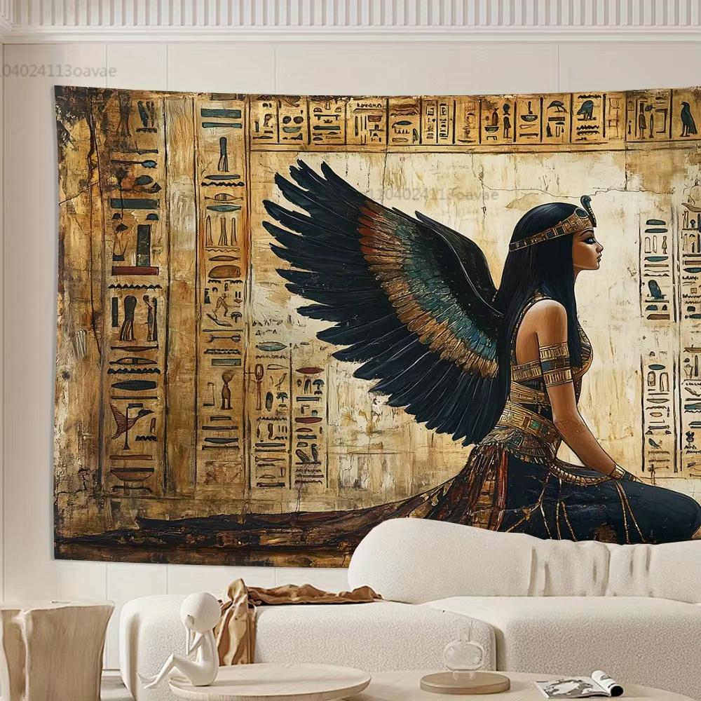 Egyptian-Themed Wall Tapestry for Living Room Decor - Pharaohs Gods And Scarab Beetles Design Handmade Wall Hanging Decorations