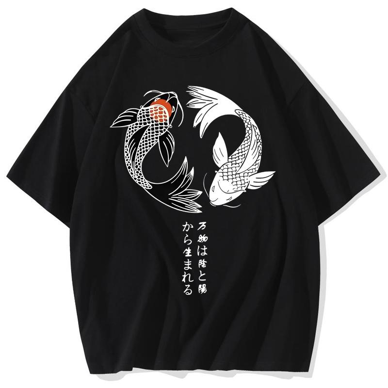 Japanese Koi Harajuku Illustration Pattern Washed TShirt Men Summer Casual T Shirt Soft Fashion Short Sleeve Cotton