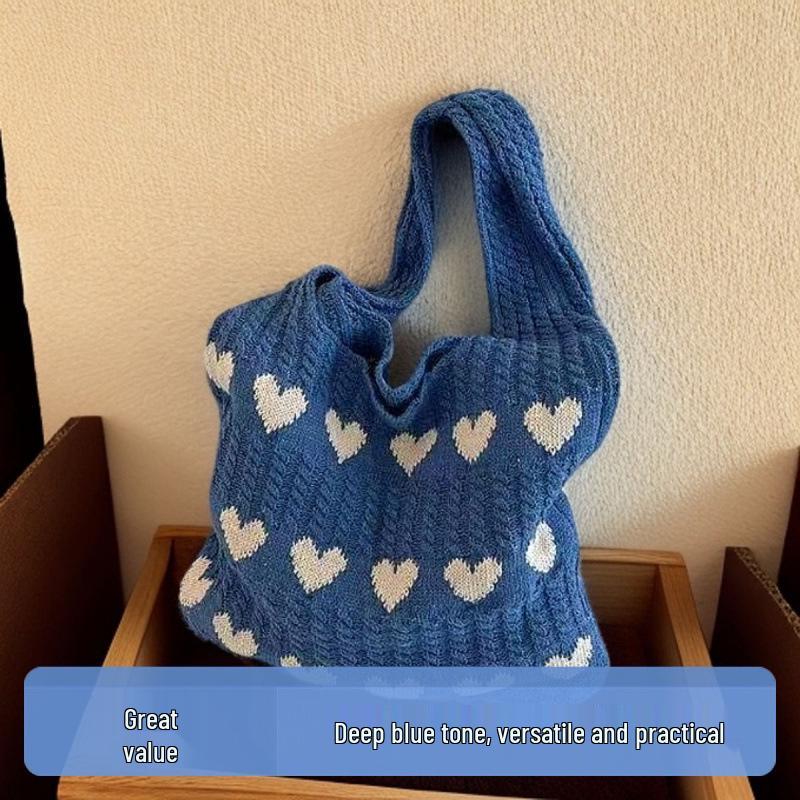 Dopamine Heart Wool Knit Tote: Large-Capacity Single Shoulder Bag