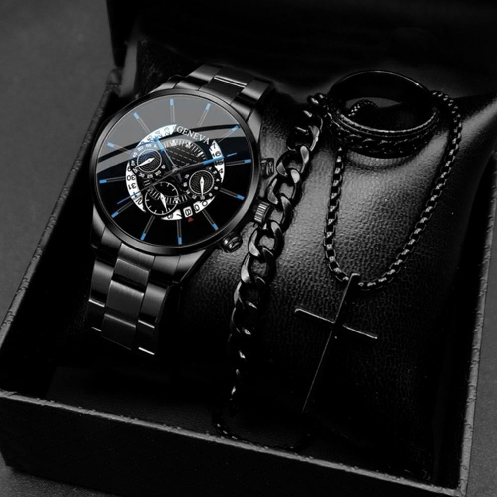 Men S Watch Trendy Fashion Fake Three-Eye Calendar Watch 4-Piece Set Men S Black Minimalist Quartz Watch Set Bulk price