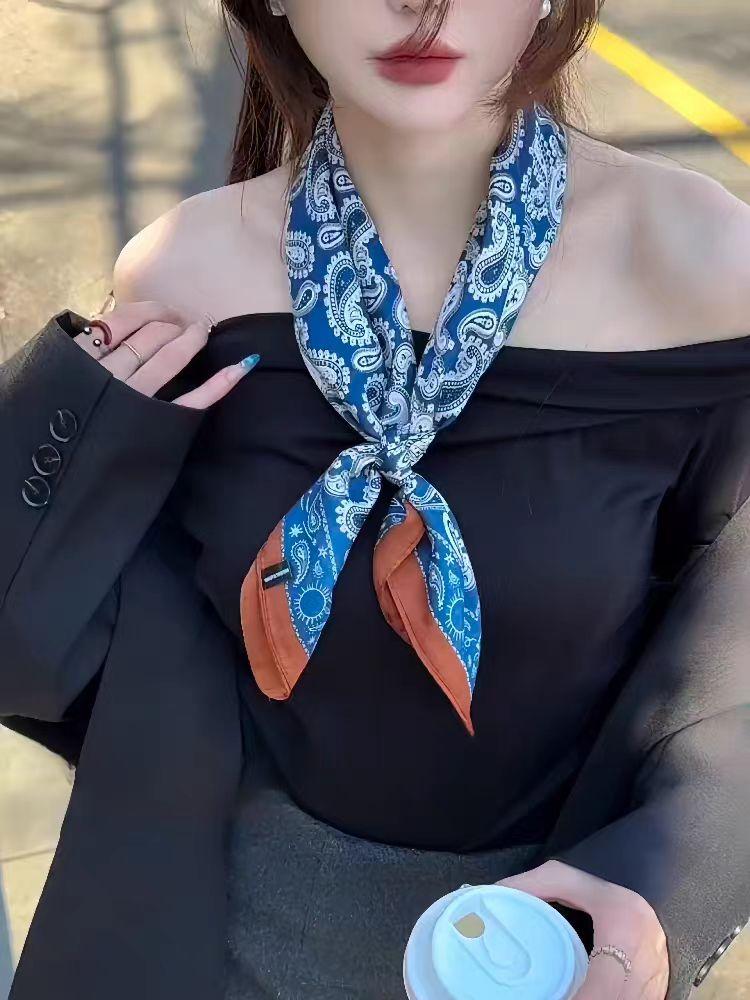 Elegant Square Silk Scarf Flower Pattern Handbag Wraps Head Handkerchief 70*70Cm Double Sides Neckerchief Women
