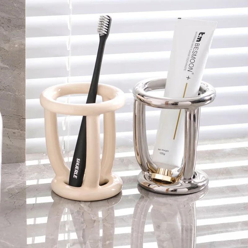 Simple Ceramic Toothbrush Holder Base Multifunctional Toothpaste Holder Portable Toothbrush Organizer Case Bathroom Accessories