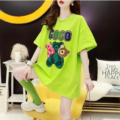 Loose Foreign Style Women Bear Patch Medium Long Tshirt Rose Green Letter Tops Appliques Fairy Tale Casual Daily Wear Short Sleeve Tops