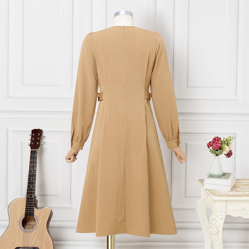 VONDA Women Elegant Round Neck Solid Color Casual Long Sleeve A-line Dress