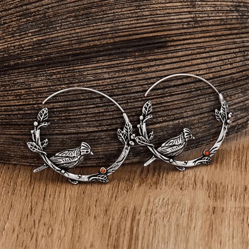 Retro Metal Carved Flower and Bird Hoop Earrings