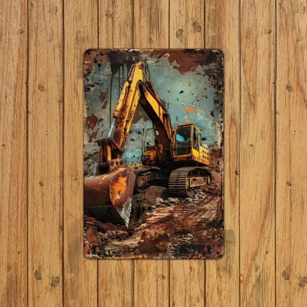Vintage Metal Tin Sign Excavator Rustic Wall Art Garage Bar Decor