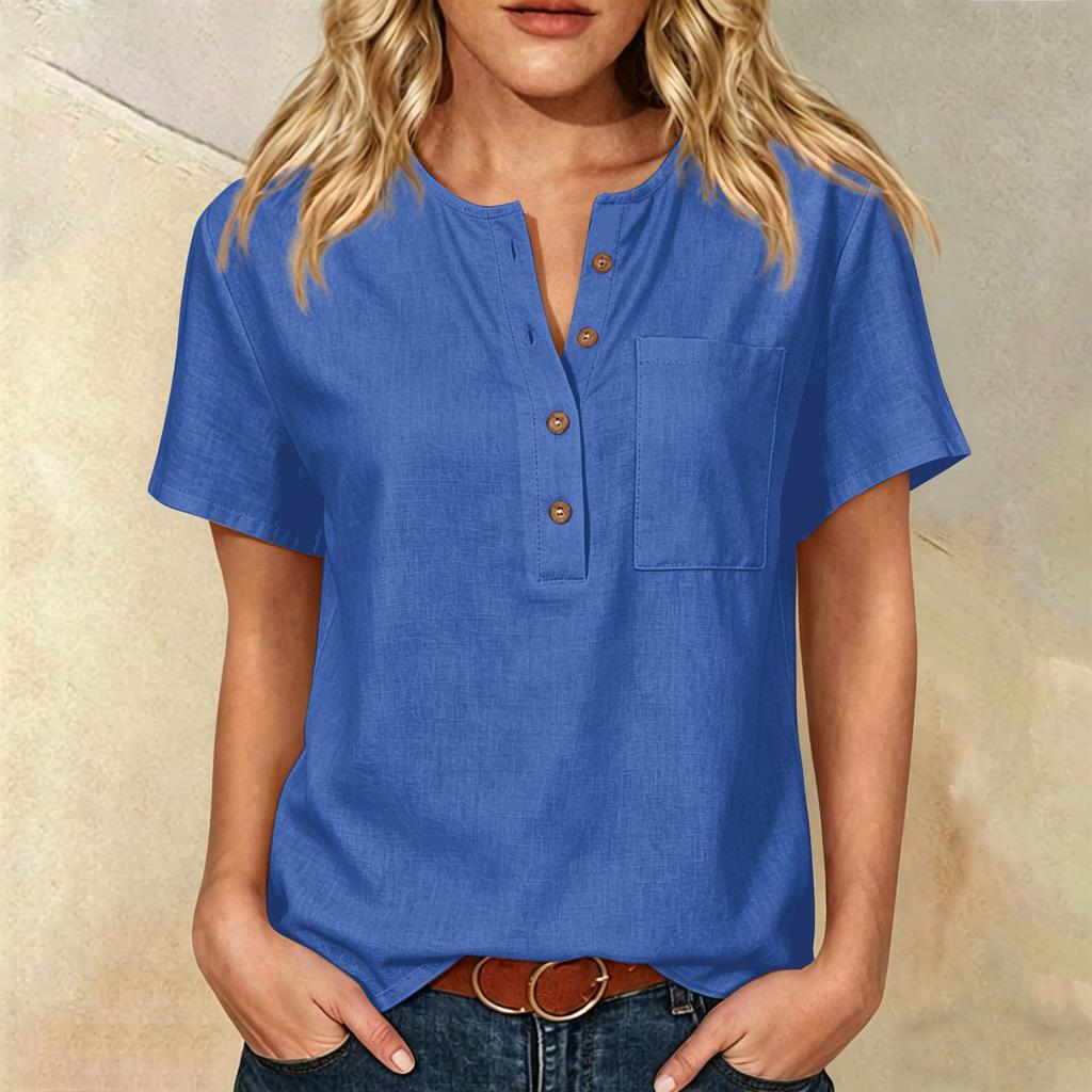 Women Short Sleeve Henley Neck Button Down Linen Cotton Shirt with Chest Pocket Relaxed Fit Casual Top Blouse for Daily Wear
