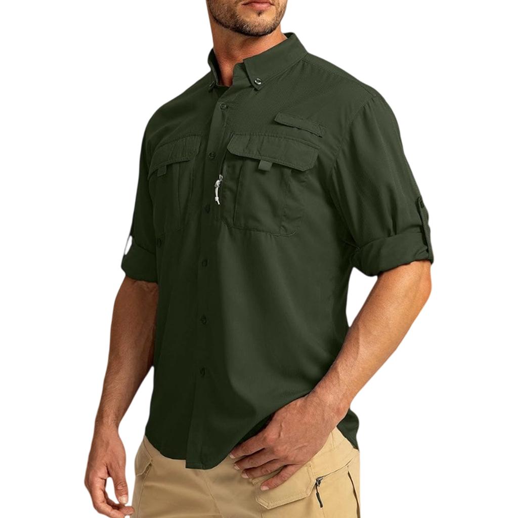 Men's Color Casual Loose Button-Down Collar Faux Pocket Long-Sleeved Shirt