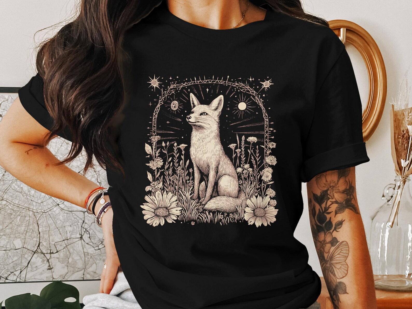Fox in Meadow Sunflowers Cottagecore T-Shirt, Vintage Style Graphic Tee, Retro Fox in Flowers T-Shirt, Woodland Animal Art S