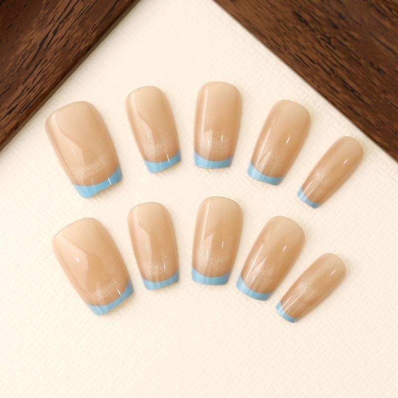 Square Press On Nail Cats Eye Fake Nail with Smile Designs Full Cover Glues On Nail Glossy Acrylic Nail Artificial Nail