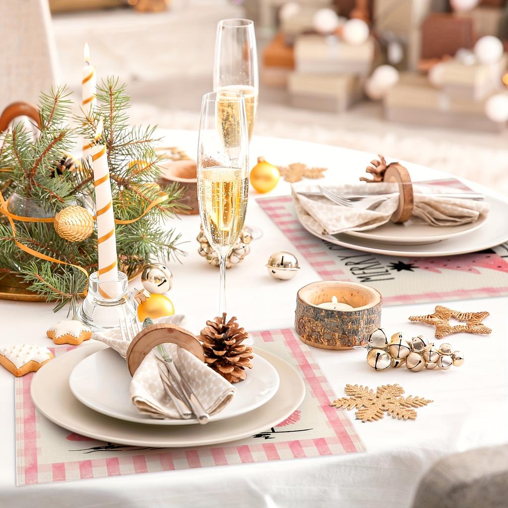 Christmas Placemats Set of 4, Machine Washable Linen Table Mats, Woven Rectangular Holiday Dining Decor, Festive Pink Checkered Christmas Tree Design