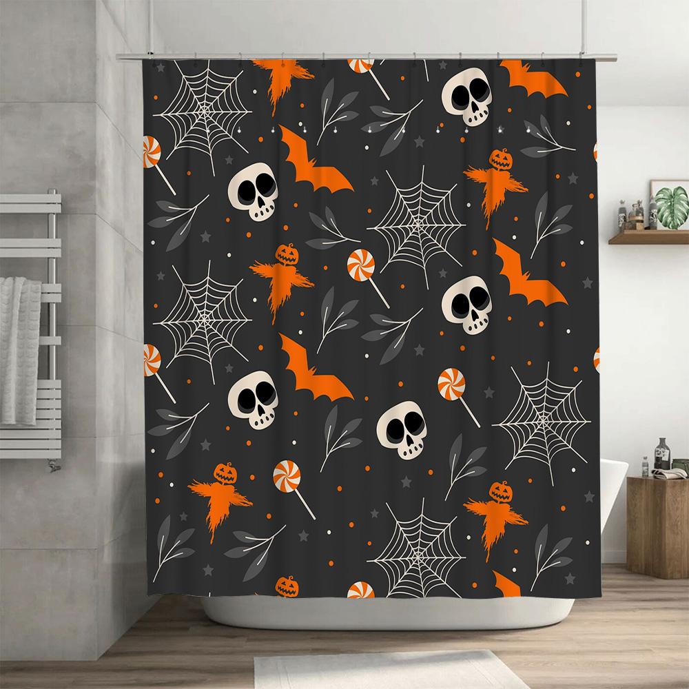 Halloween-themed shower curtain with witch hat patterns, spiders webs, candy corn designs waterproof fabric for bathroom decor s