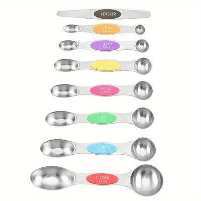 8-teiliges Premium Edelstahl Magnetisches Messlöffel-Set, Doppelseitig, für Trockene & Flüssige Zutaten, Kaffee, Backen - Küchenutensilien