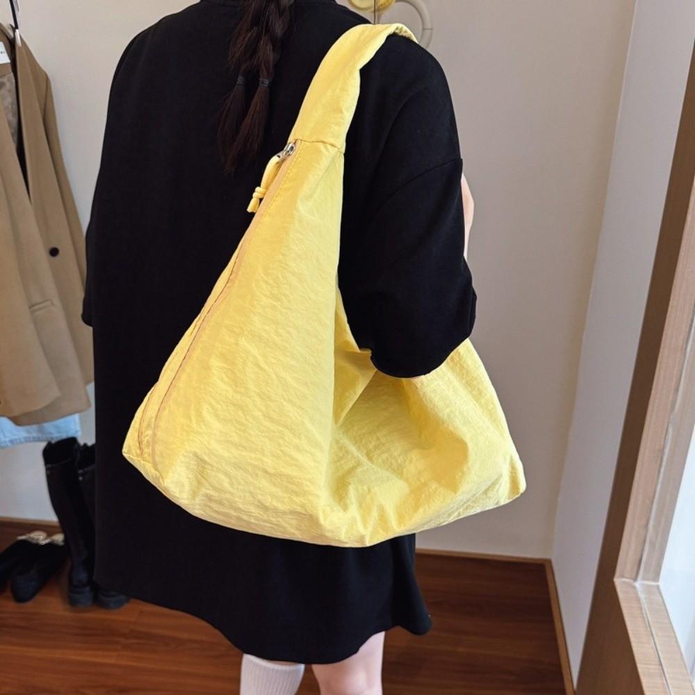 New Nylon Shoulder Tote Bag Waterproof Large Capacity Underarm Bag Solid Color Zipper Closure Shopping Bag for Women Girls