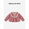 French Arielle De Pinto Girls' Spring and Autumn Shirt with Sweet Lace Bow and Red Plaid Long Sleeves