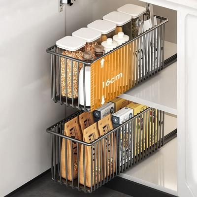 Carbon Steel Sliding Drawer Rack Pull Out Adjustable Spice Box Storage Rack with Tracks Rust-Resistant Under Sink Storage Drawer