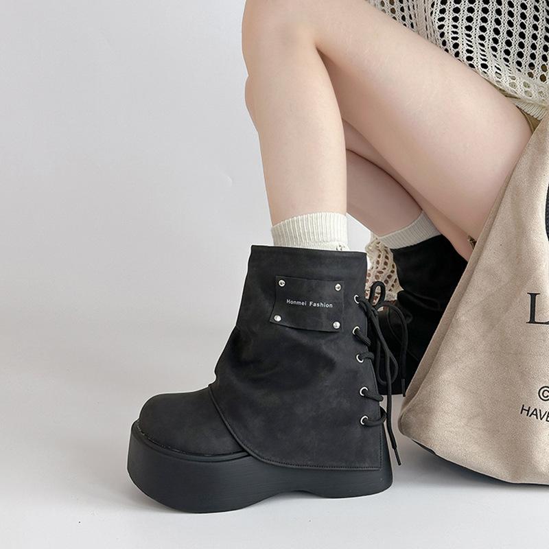 Retro Bak Snøring Skinny Tykke Støvletter Høst og Vinter Allsidige Bukse-Støvletter Dame Martin Støvletter Ridestøvletter