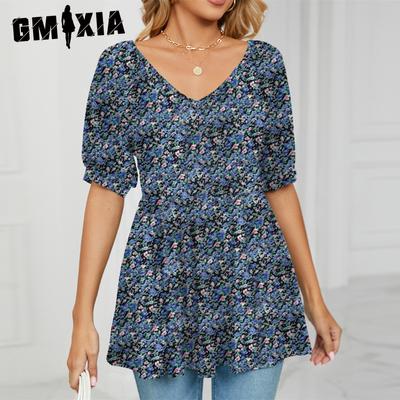 Women's Fashion Casual Floral Print Short Sleeve VNeck Blouses & Shirts