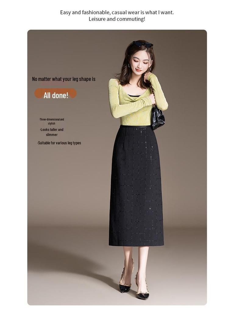 Spring 2026 Black Sequin Slim Bodycon High Waist Midi Pencil Skirt