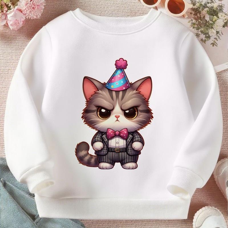 Kids Crewneck Sweatshirt, Chibi Cat Party Paws Cute Graphic Print, Soft Casual Long Sleeve Pullover