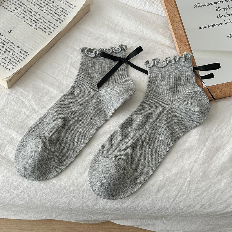 

Cream-colored Bow-tie Black Ear-edge Socks for Girls, Summer, Thin Mesh Mid-calf Socks, Cute Dopamine 1 pair світло-сірого кольору