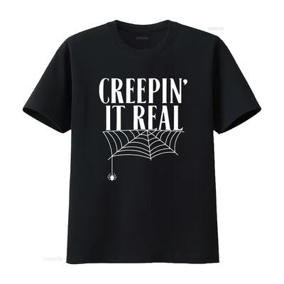 Mens Creepin It Real Halloween Spider Cobweb T Shirt Black 2X Large Vintage Washed Streetwear Casual Homme Designer Clothes