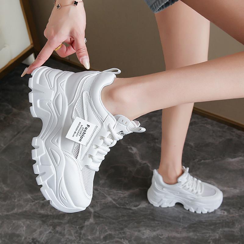 Fashion Whiet Breathable Chunky Sneakers Woman 2025 Spring Thick Platform Casual Sneakers Women Non Slip Lace Up Sports Shoes Female
