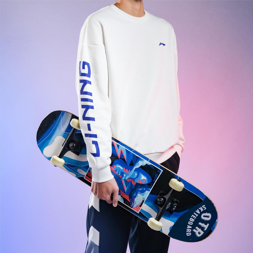Li Ning Sports Fashion Collection Logo Letter Print Crew Neck Pullover Fleece Lined Sweatshirt Men's White AWDTC23-3