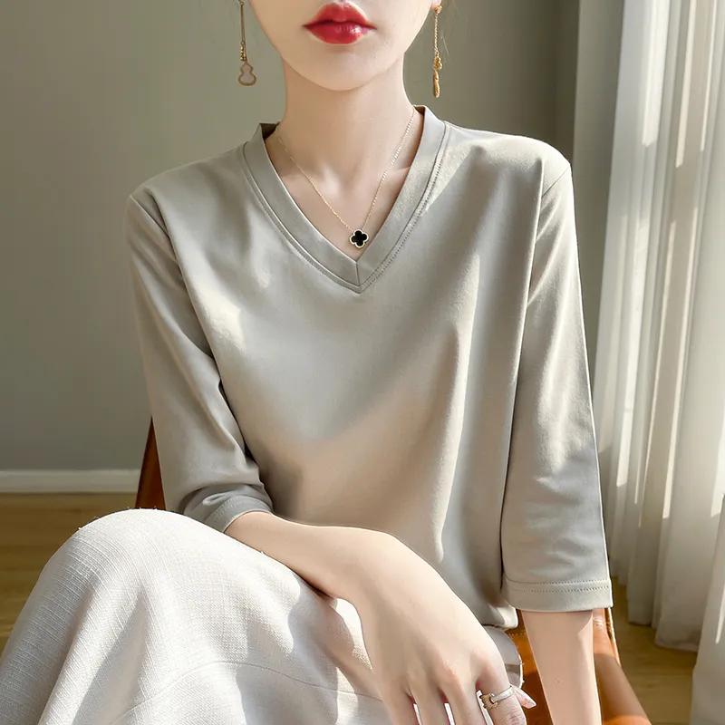 Women's Summer V-neck Seven-quarter Sleeve Solid Color Loose T-shirt Beautiful Commuter Tops