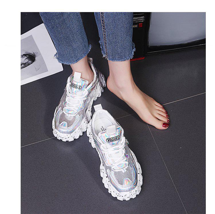 Pantofi de sport pentru femei, primăvară 2021, la modă, din pânză cu paiete, respirabil, vârf rotund, pantofi groși pentru femei