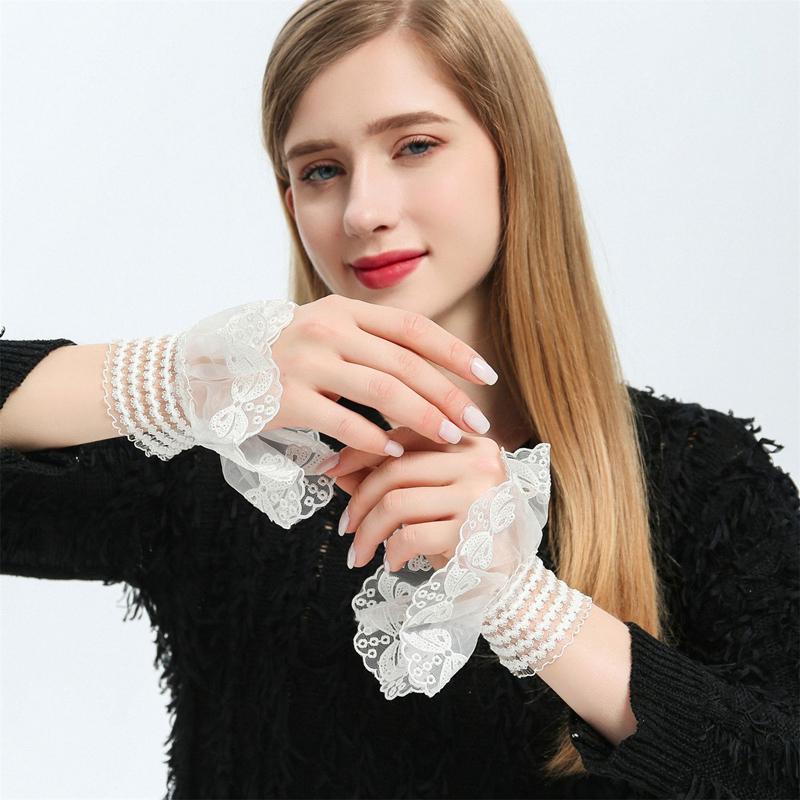 White Mesh Bow Romantic Lace Ruffle Hand Sleeves Sweet Detachable Sweater Blouse Coat Decoration Fake Cuffs Elastic Horn Cuff