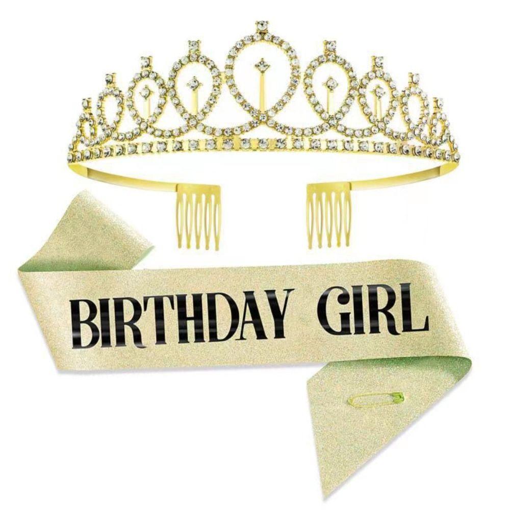 2Pcs/Set Glitter Birthday Party Crown Sash Gold Crystal Crown New Birthday Satin  Party