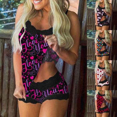 Women Print Pajamas Sleeveless Lace Cami Shorts Lingerie Sleepwear Set