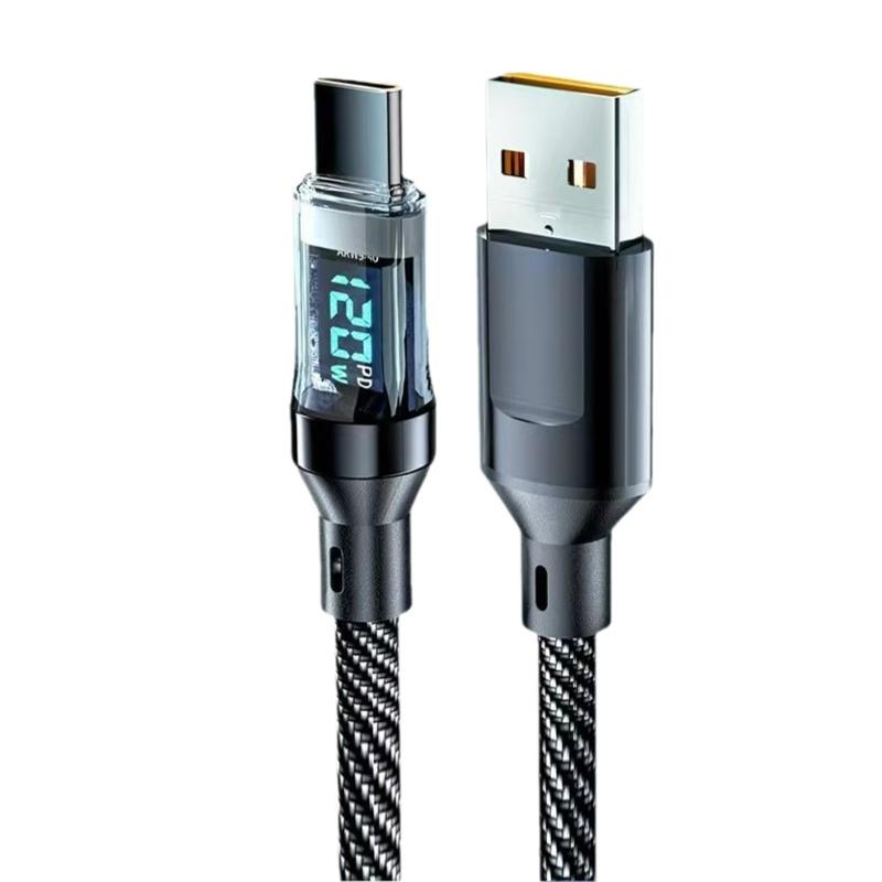 120W Type C to USB Cable with LED Digital Display Fast Charging USB C Charging Data Cable Wire Cord Data Transfer