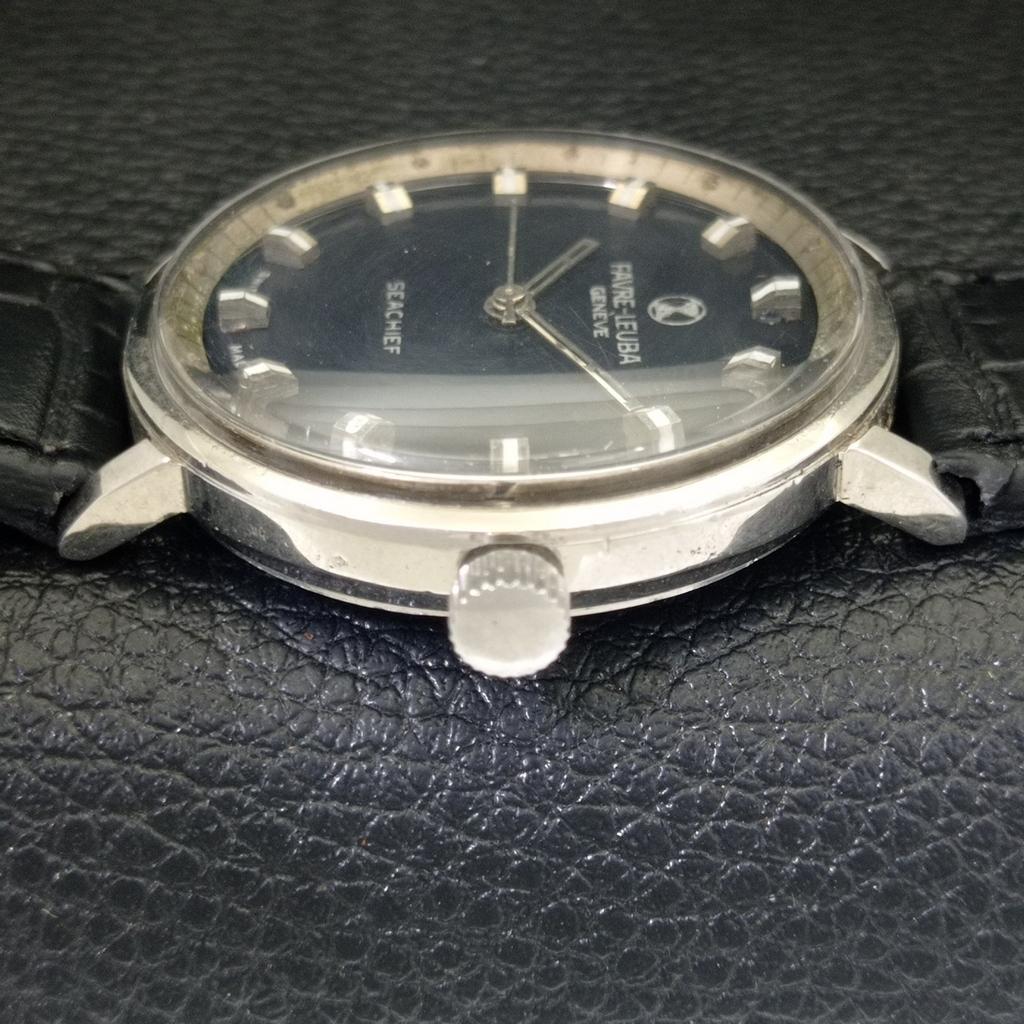 HAND-WINDING VINTAGE FAVRE LEUBA SEA CHIEF SWISS MENS BLACK DIAL WATCH a703835-1