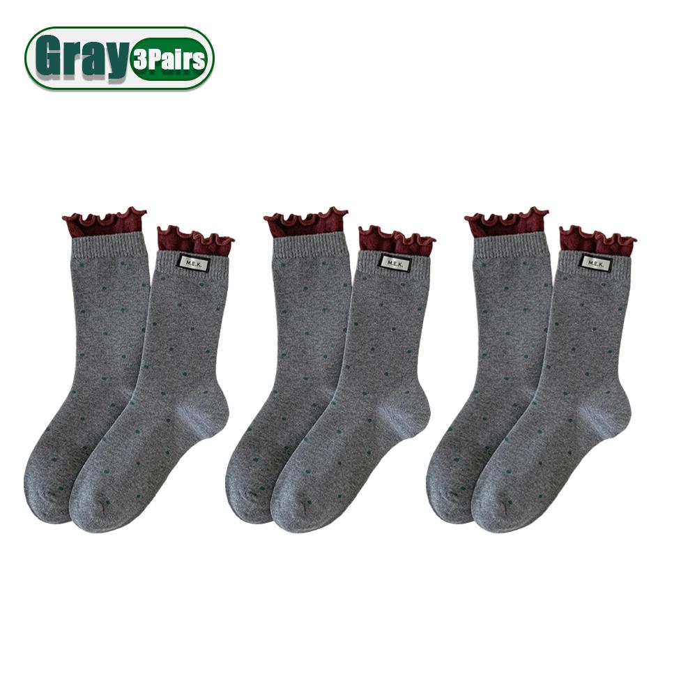Women Cotton Long Socks Soft Breathable Cute Dots Frilly Edge Retro Preppy Style Comfortable Casual Fashion Socks For Everyday