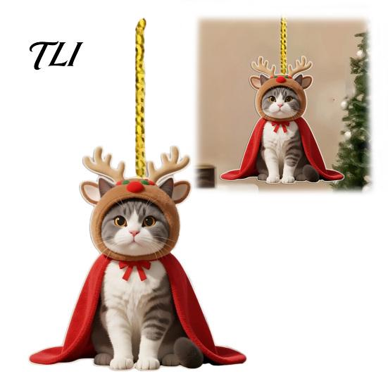 Christmas Tree Ornaments Cat Ornament, 2D Flat Cartoon Acrylic Kitten Wearing Cape And Festive Car Rearview Mirror Charms Hat Hanging Decoration