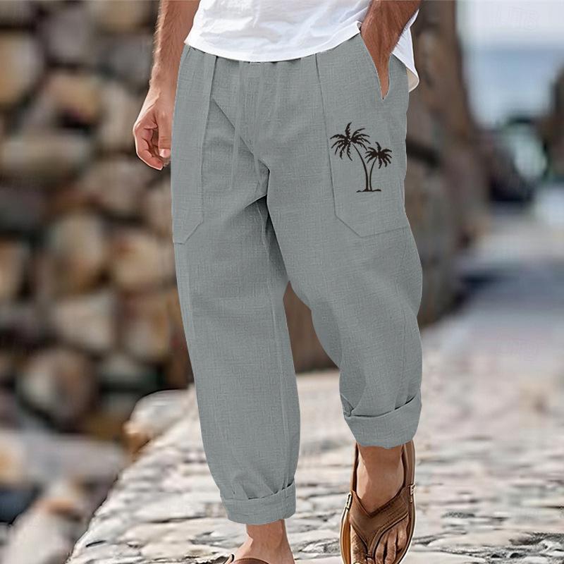 New fashion casual beach trousers men's coconut tree print cotton and linen loose trousers