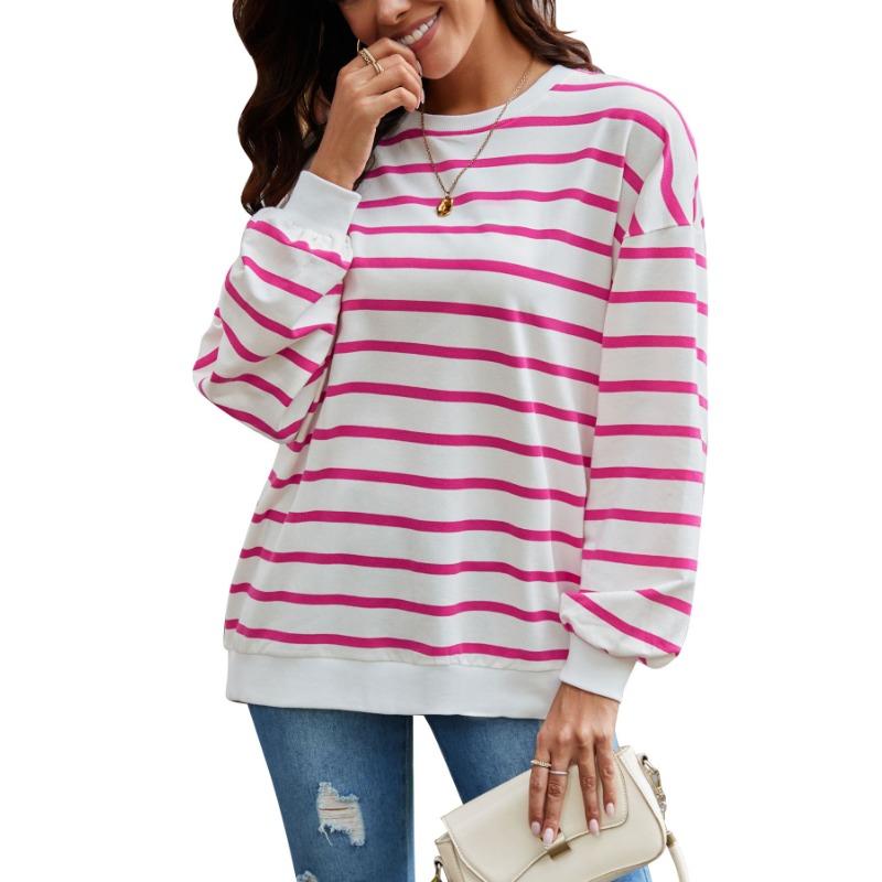 

Женская осенняя свободная повседневная толстовка с длинным рукавом в полоску большого размера XL розовый