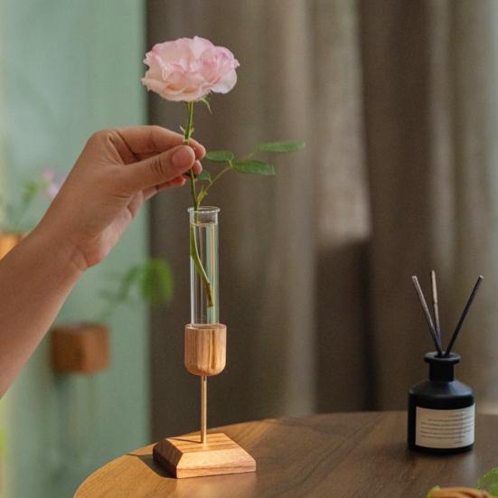 Plant Propagation Station Wooden Stand with Glass Test Tube Vase