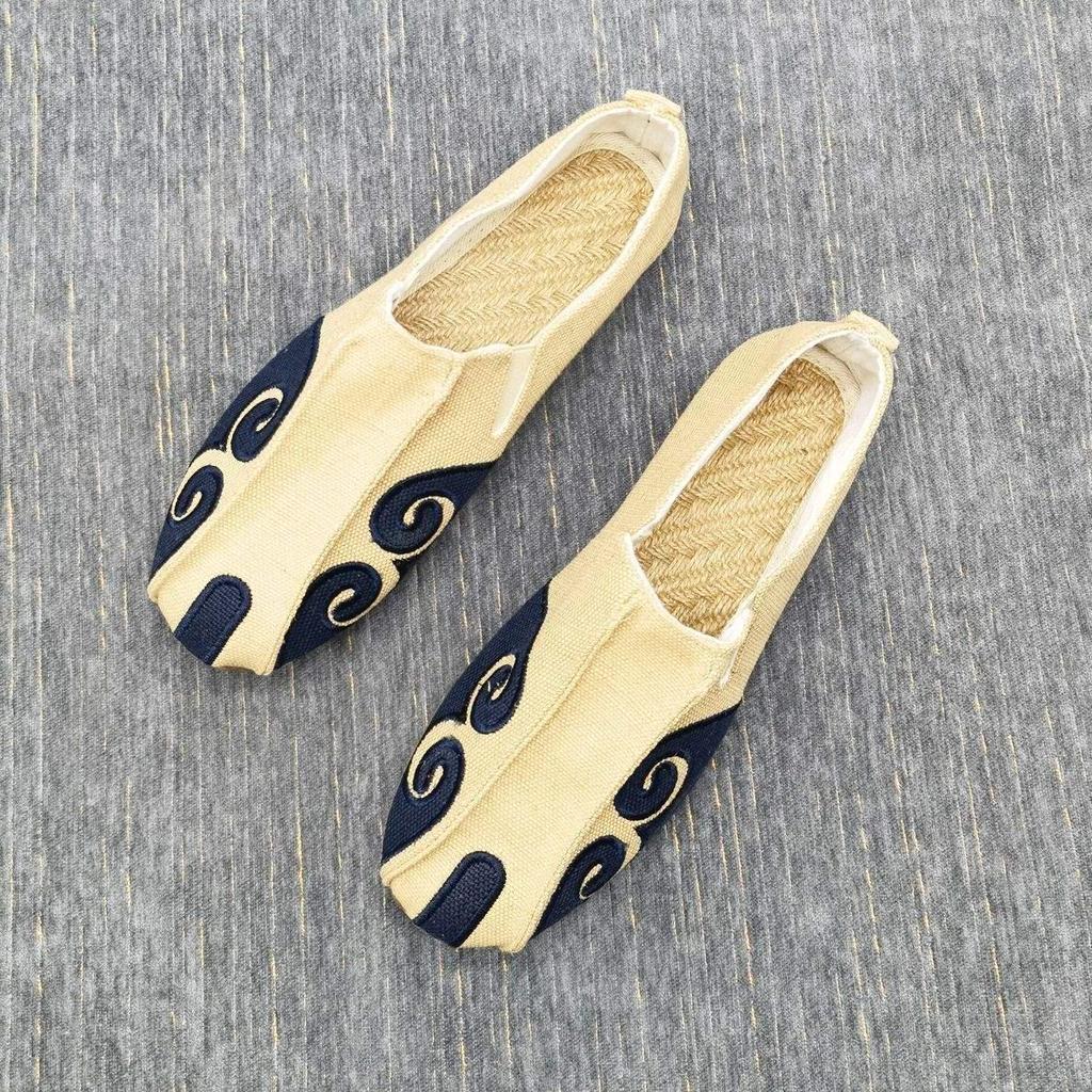 Męskie lniane buty Monk Dali, mokasyny z miękką podeszwą, wzór auspicious cloud, oddychające wsuwane, styl chiński.